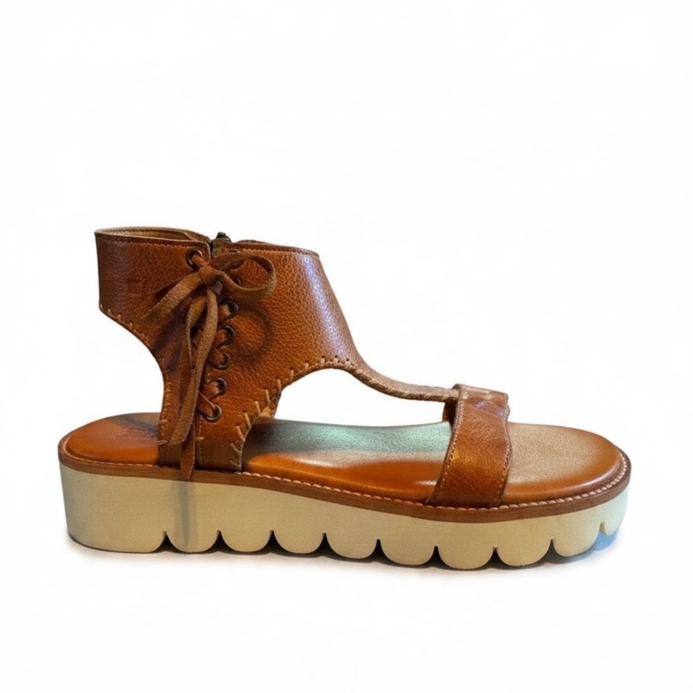 Bed Stu Gogo Sandals 8.5 Tan Leather Platform Scalloped Sole Boho Gladiator